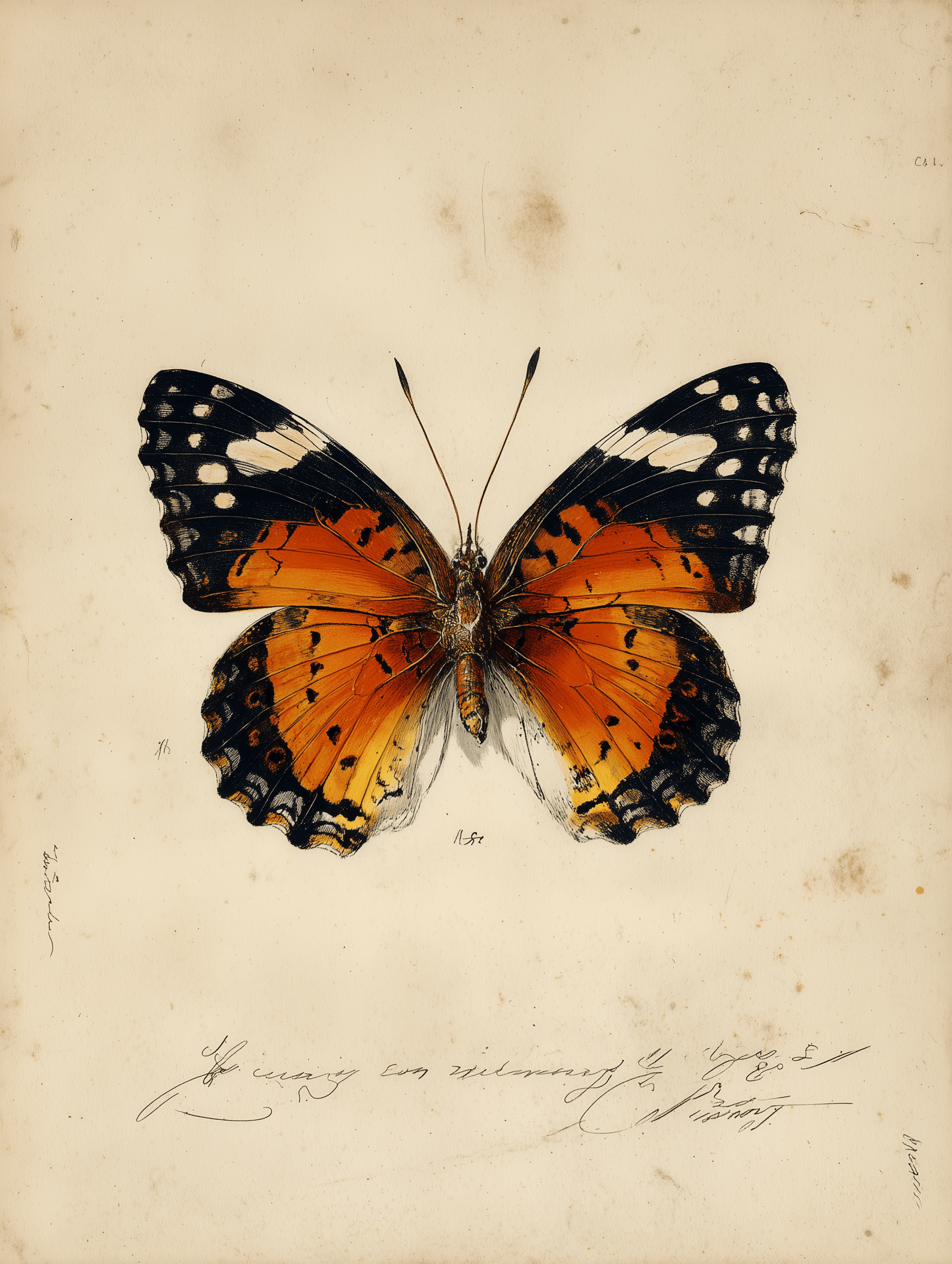 Hawaiian Kamehameha butterfly Vanessa tameamea specimen with wings open, 18th century naturalist illustration style