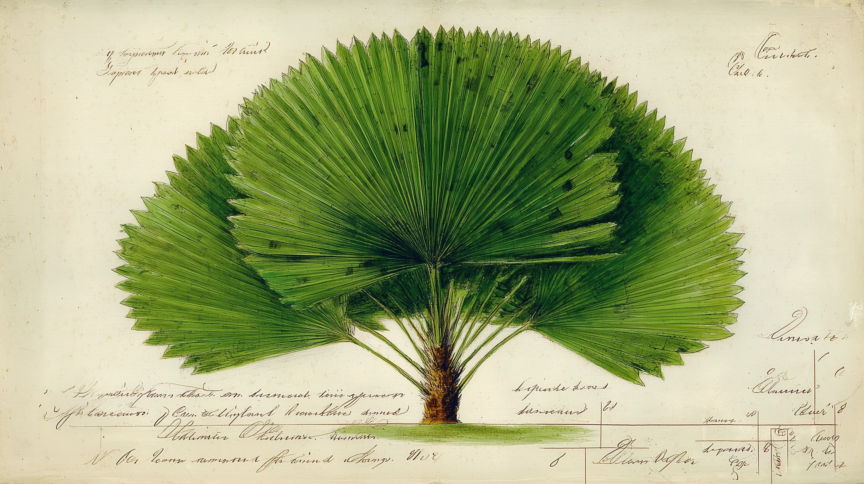 Hawaiian Pritchardia loulu palm botanical specimen with citation markup diagram overlay, 18th century natural history plate style