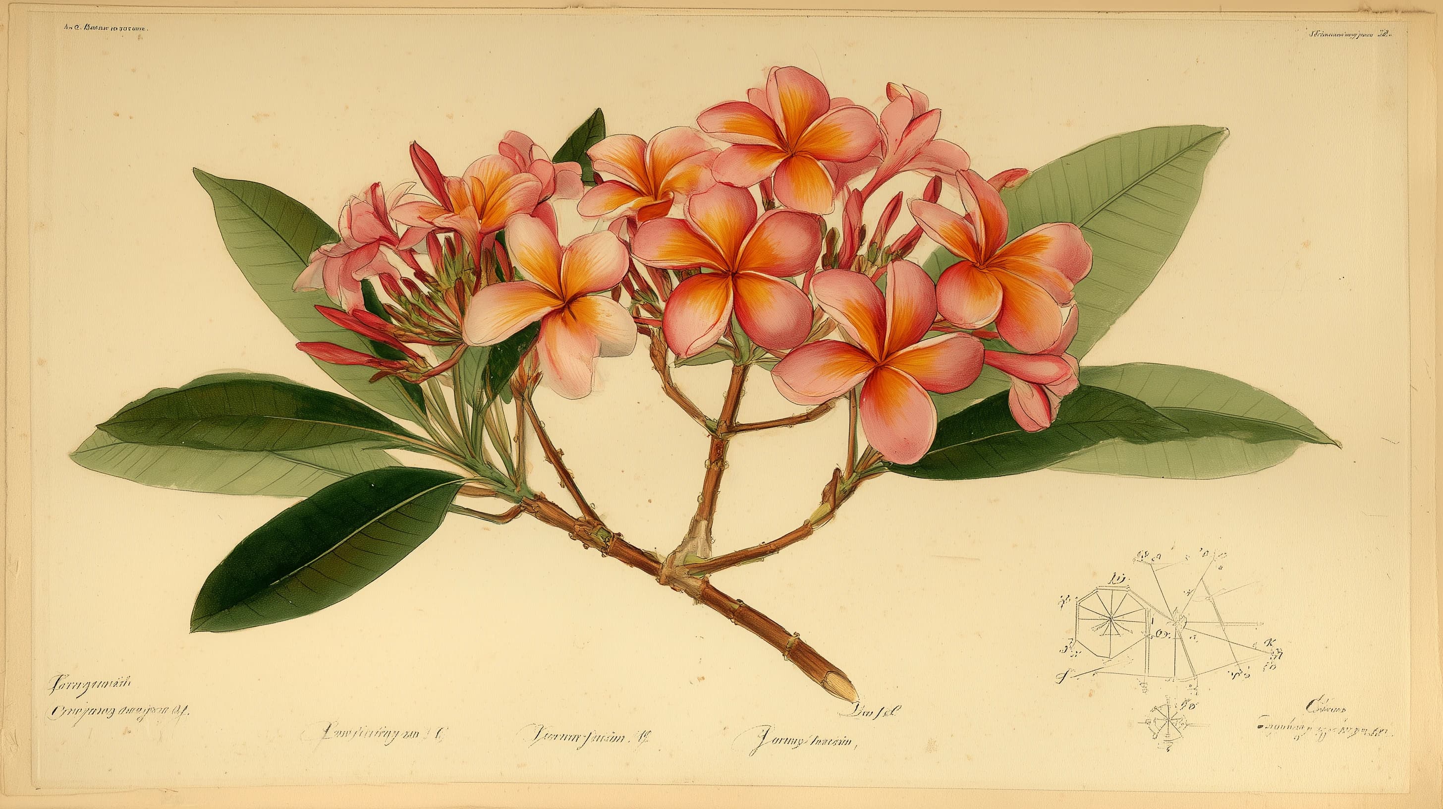 Hawaiian plumeria Kāneʻohe Sunburst botanical specimen with entity node diagram overlay, 18th century natural history plate style