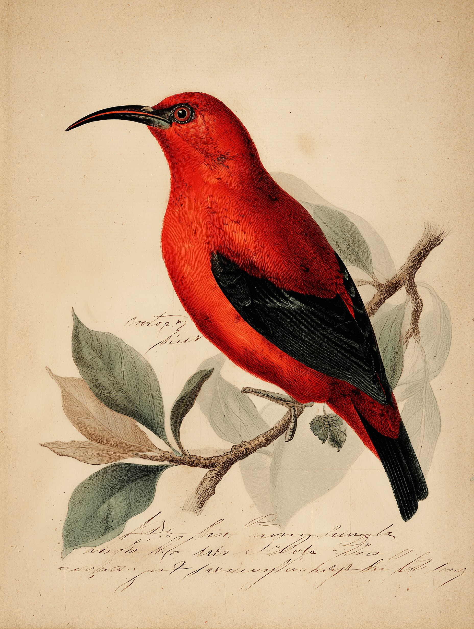 Hawaiian ʻiʻiwi scarlet honeycreeper on botanical branch, 18th century naturalist illustration style