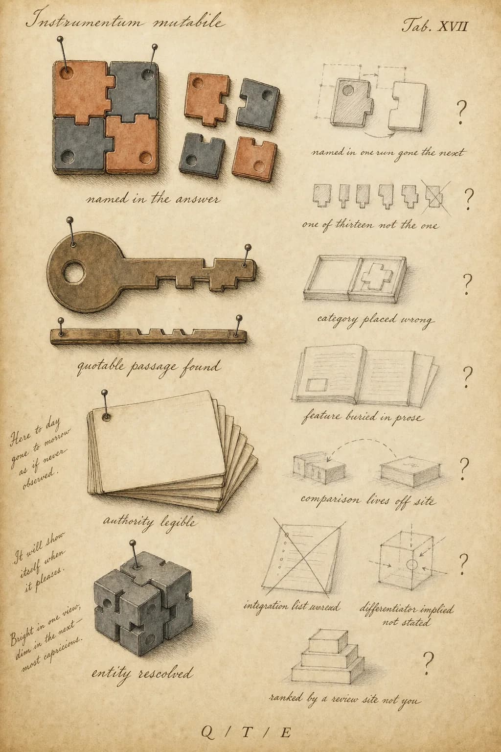 A naturalist's specimen plate titled Instrumentum mutabile, Tab. XVII. Three objects are drawn in finished ink and watercolor: a set of interlocking connector blocks shown assembled and separated, a cut key shown from two angles, and a fanned stack of thin identical cards. Four are marked confirmed, named in the answer, quotable passage found, authority legible, entity resolved. Eight are left as unresolved graphite sketches, named in one run gone the next, one of thirteen not the one, category placed wrong, feature buried in prose, comparison lives off site, integration list unread, differentiator implied not stated, and ranked by a review site not you. A margin note reads: here today, gone tomorrow, as if never observed. The plate shows a tool that appears in one answer and is gone from the next, present but never reliably so.
