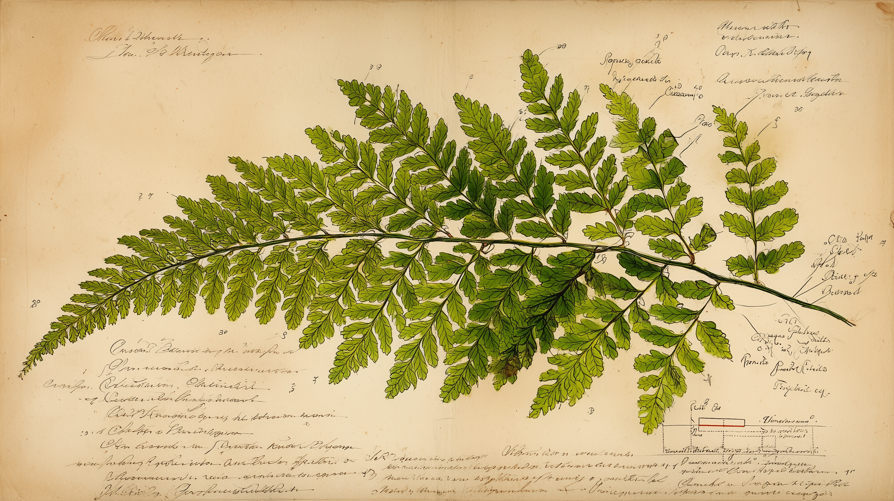 Hawaiian Palapalai fern botanical specimen with LLM query interface diagram overlay, 18th century natural history plate style