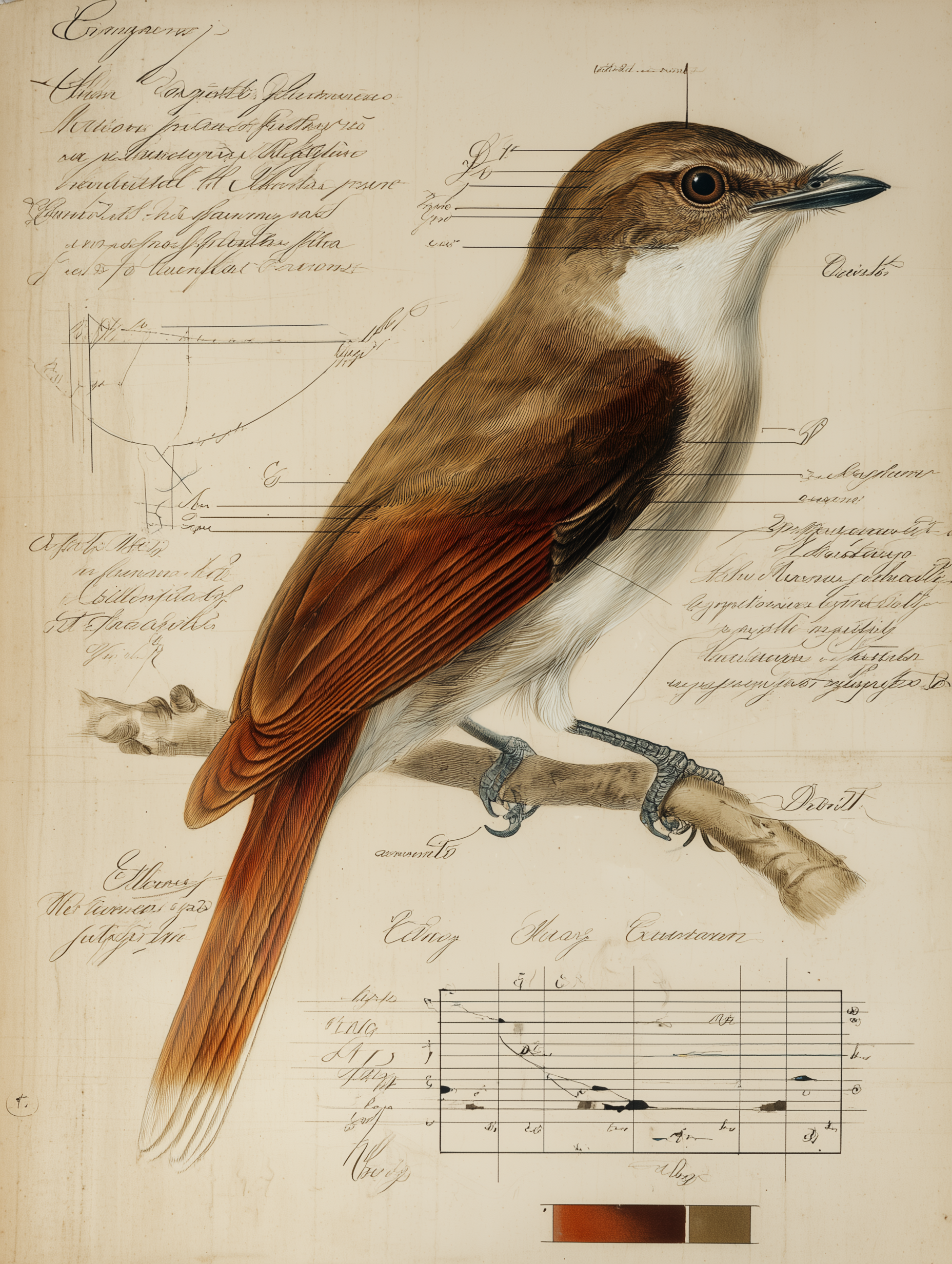 Hawaiian ʻElepaio flycatcher specimen perched on branch with multi-platform assessment diagram overlay, 18th century naturalist illustration style