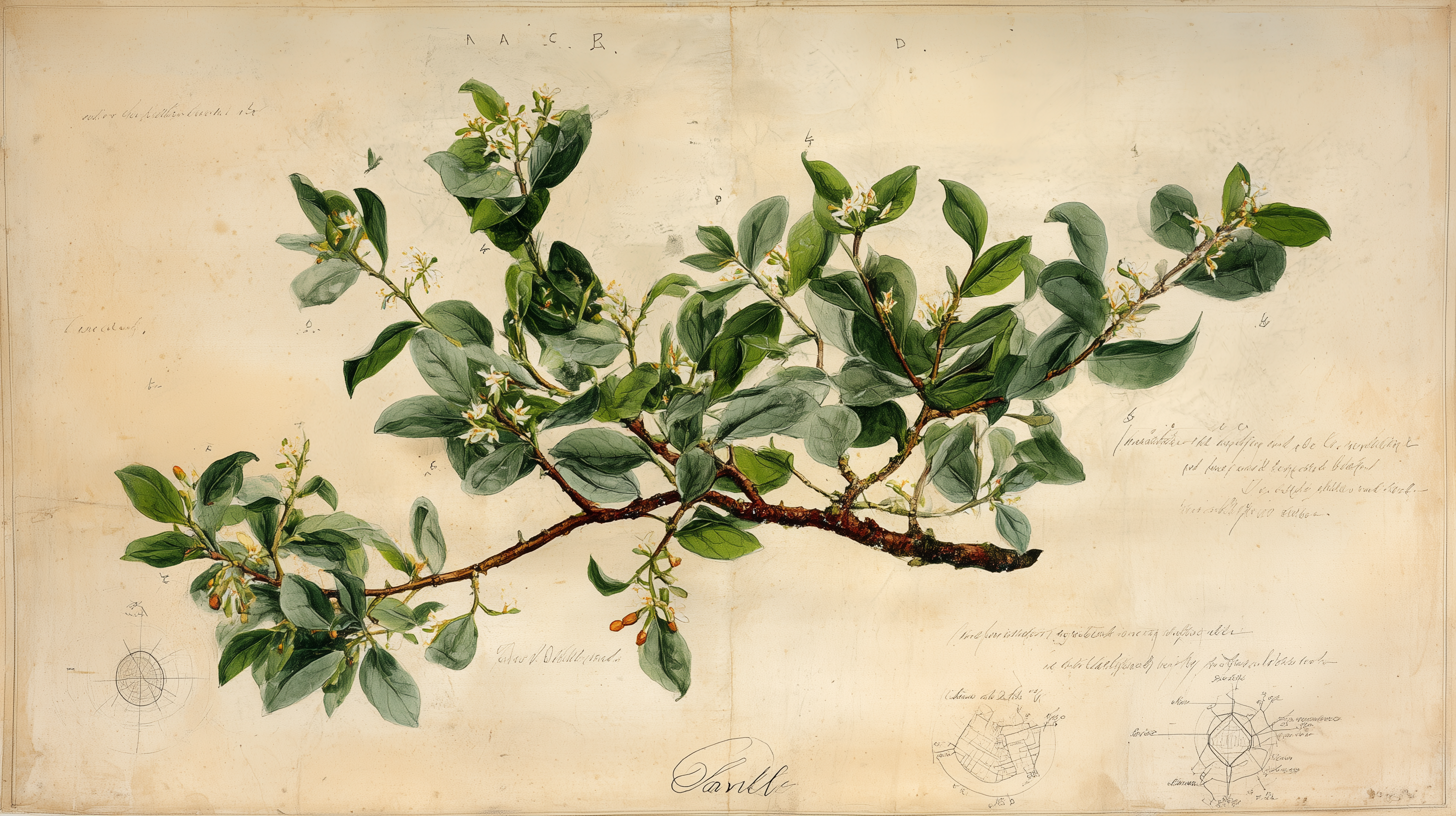 Hawaiian ʻAeʻae Lycium sandwicense coastal plant botanical specimen with context map diagram overlay, 18th century natural history plate style
