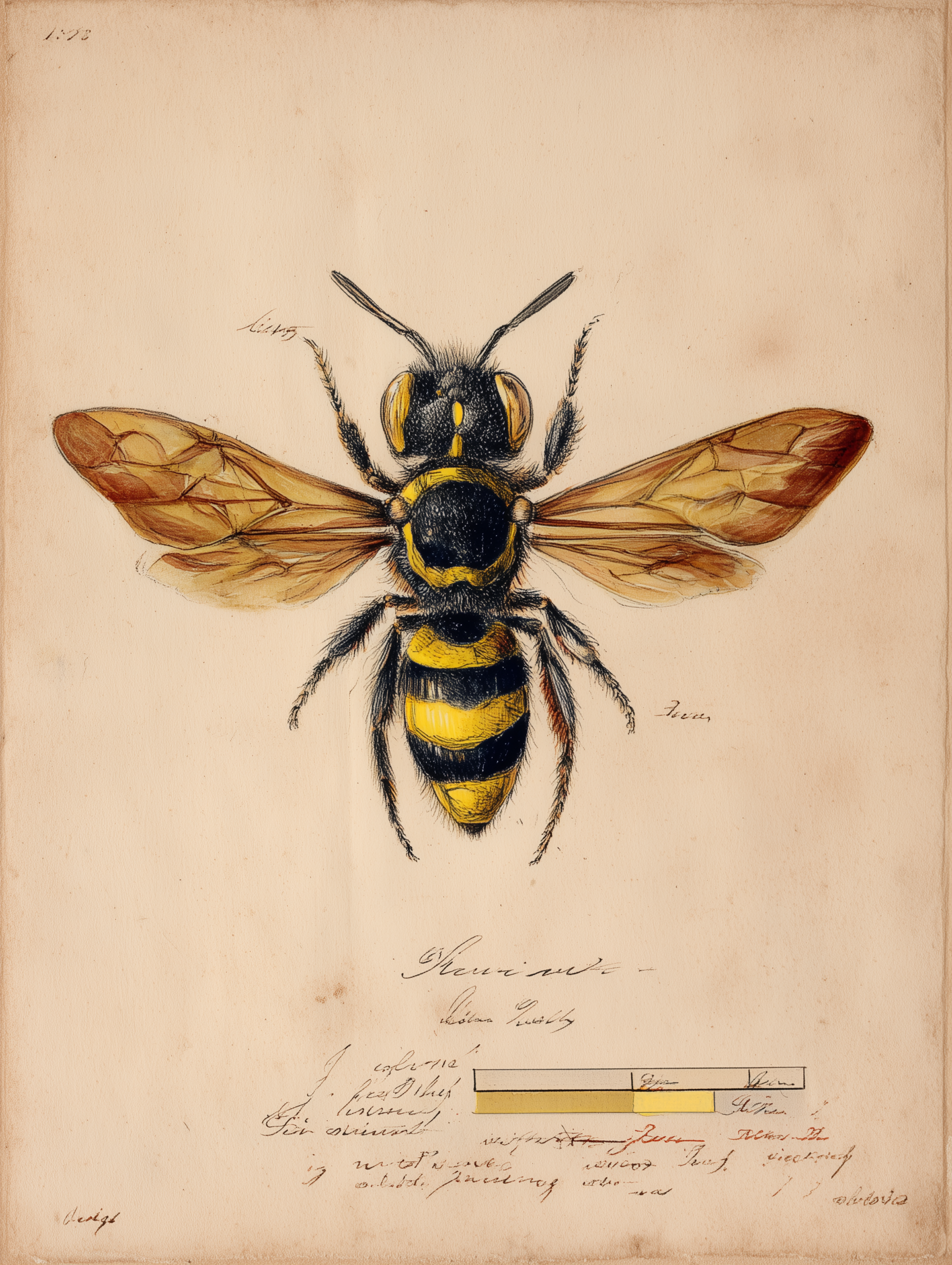 Hawaiian yellow-faced bee Hylaeus specimen with gap analysis diagram overlay, 18th century naturalist illustration style