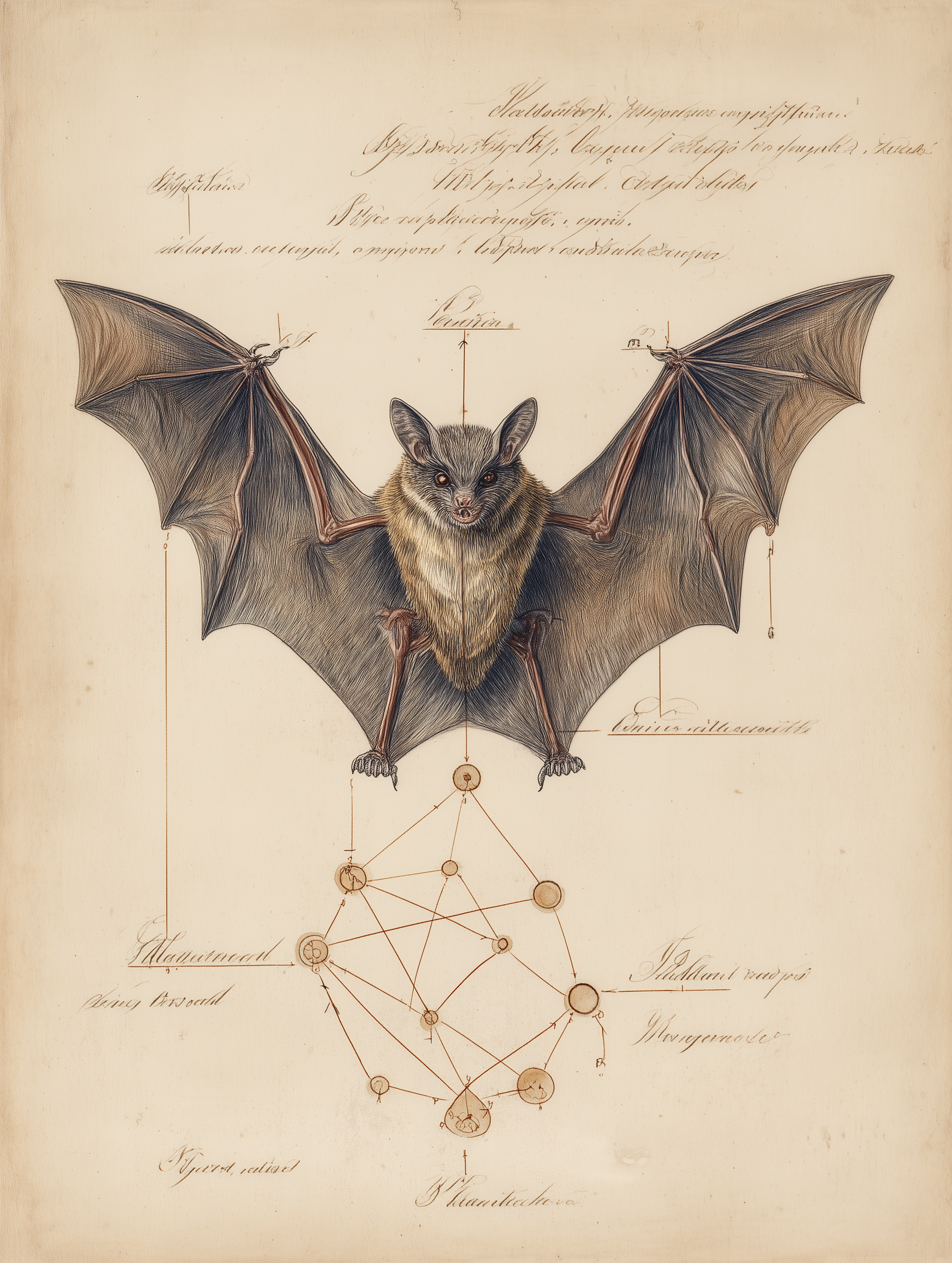 Hawaiian hoary bat Ōpeʻapeʻa specimen with echolocation wave diagram, 18th century naturalist illustration style