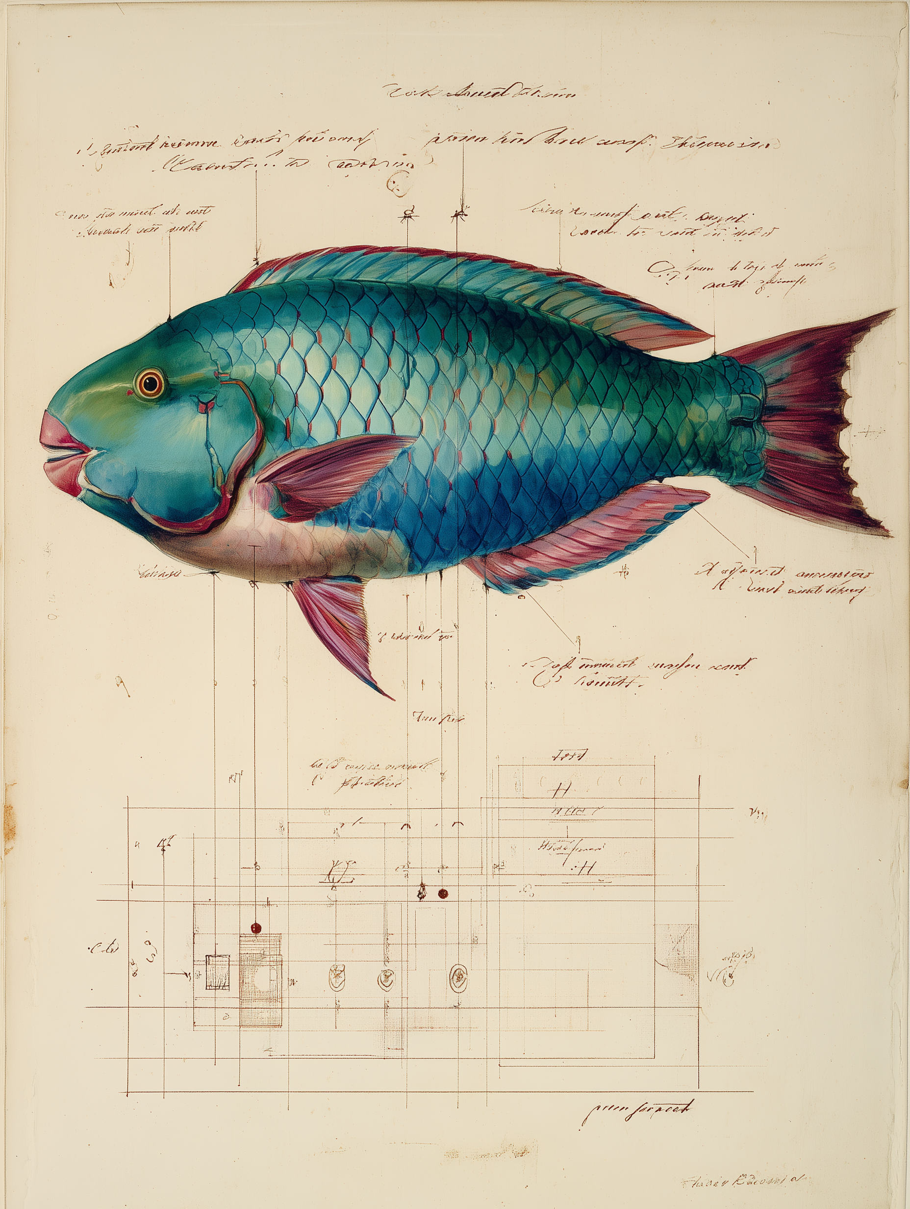 Hawaiian uhu parrotfish specimen in vertical orientation with strategic framework diagram overlay, 18th century naturalist illustration style